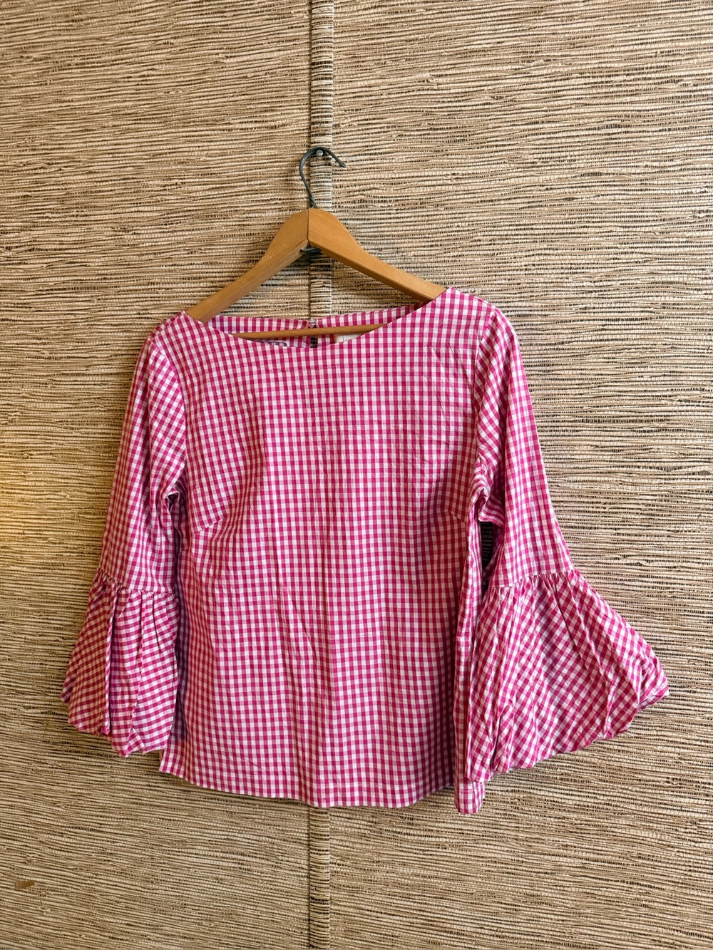 Laundry by Shelli Segal Top Women Small Pink White Ginham Checkered Bell Sleeve
